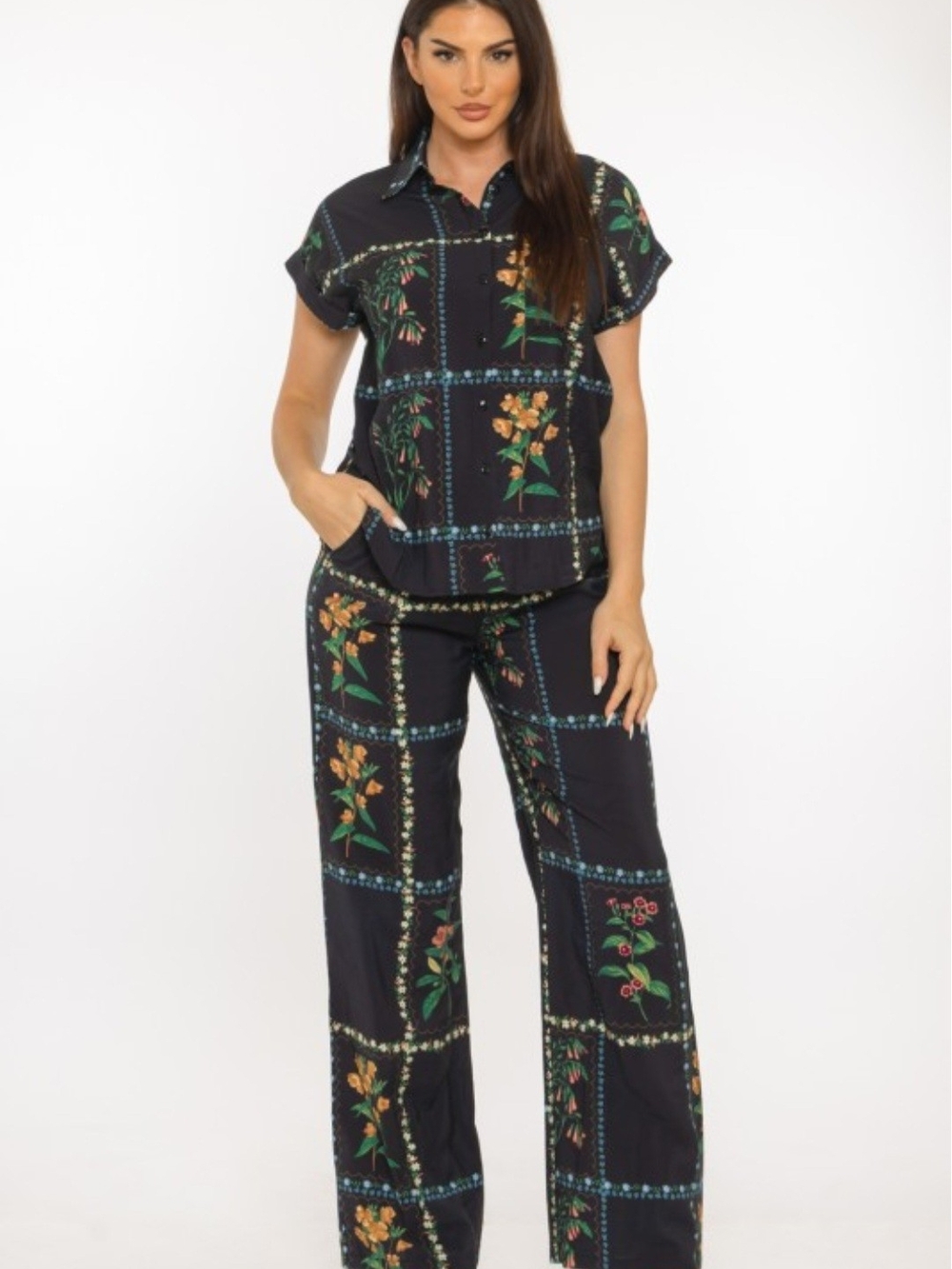 Floral Top & Pants Set Black
